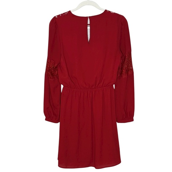 Express Elegant Lace Long Sleeve Elastic Waist Red Keyhole Pleated Dress S - Picture 3 of 5